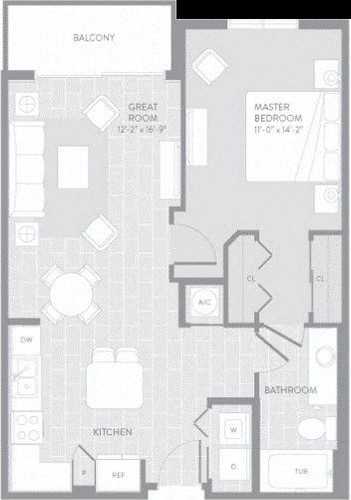 Floor plan for 1 bed, 1 bath, 764 sqft